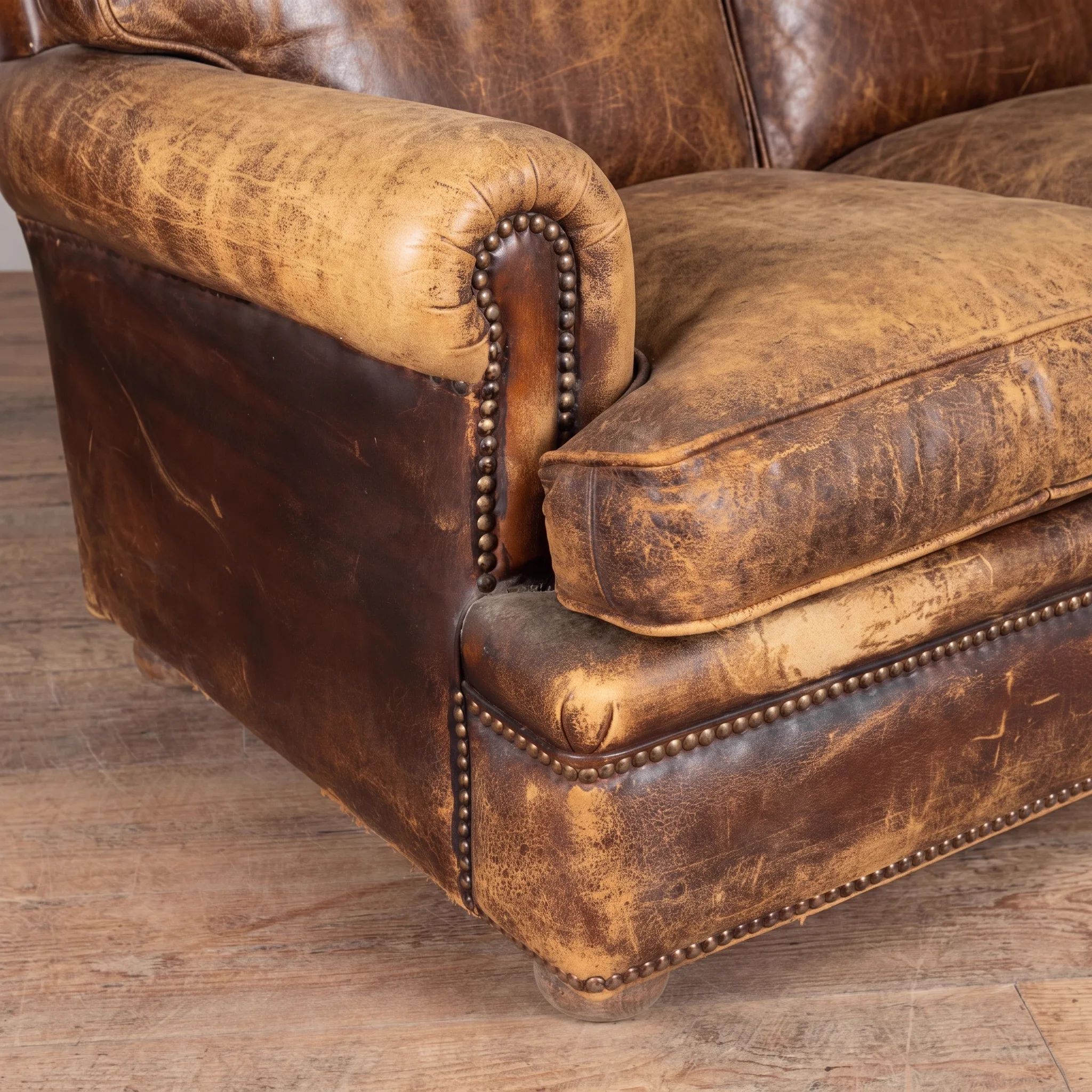 Dry, dull tan leather sofa before restoration